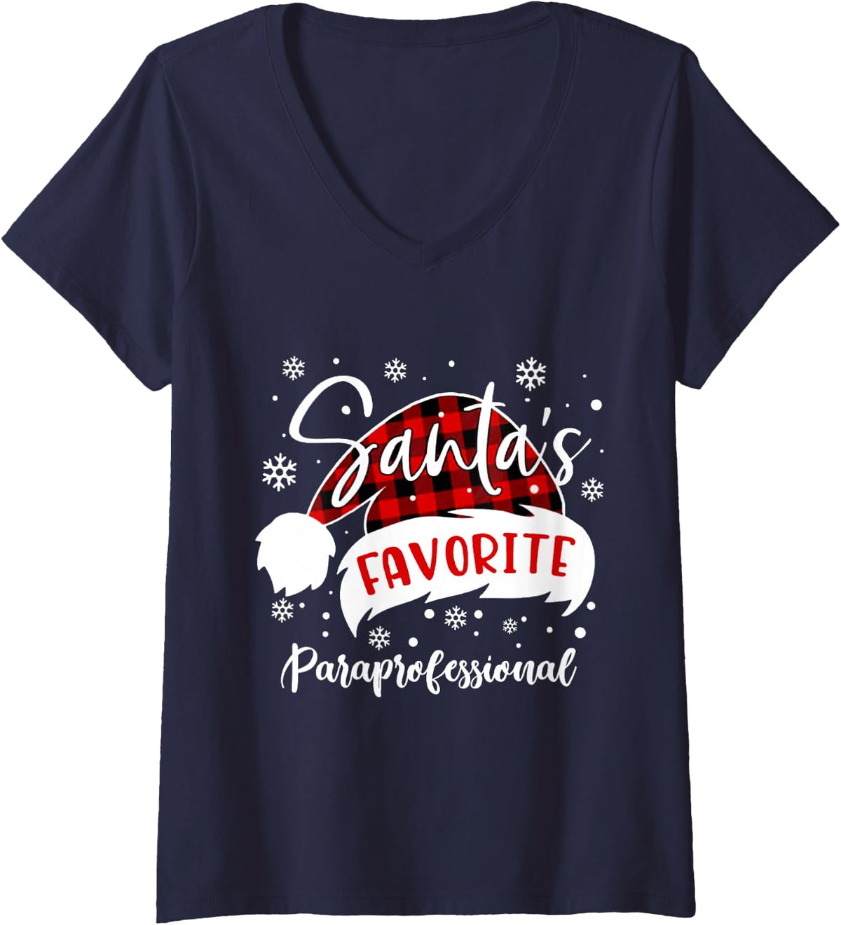 Women's Santa's Favorite Paraprofessional Hat Flannel Christmas 2020 V-Neck T-Shirt - Navy Blue