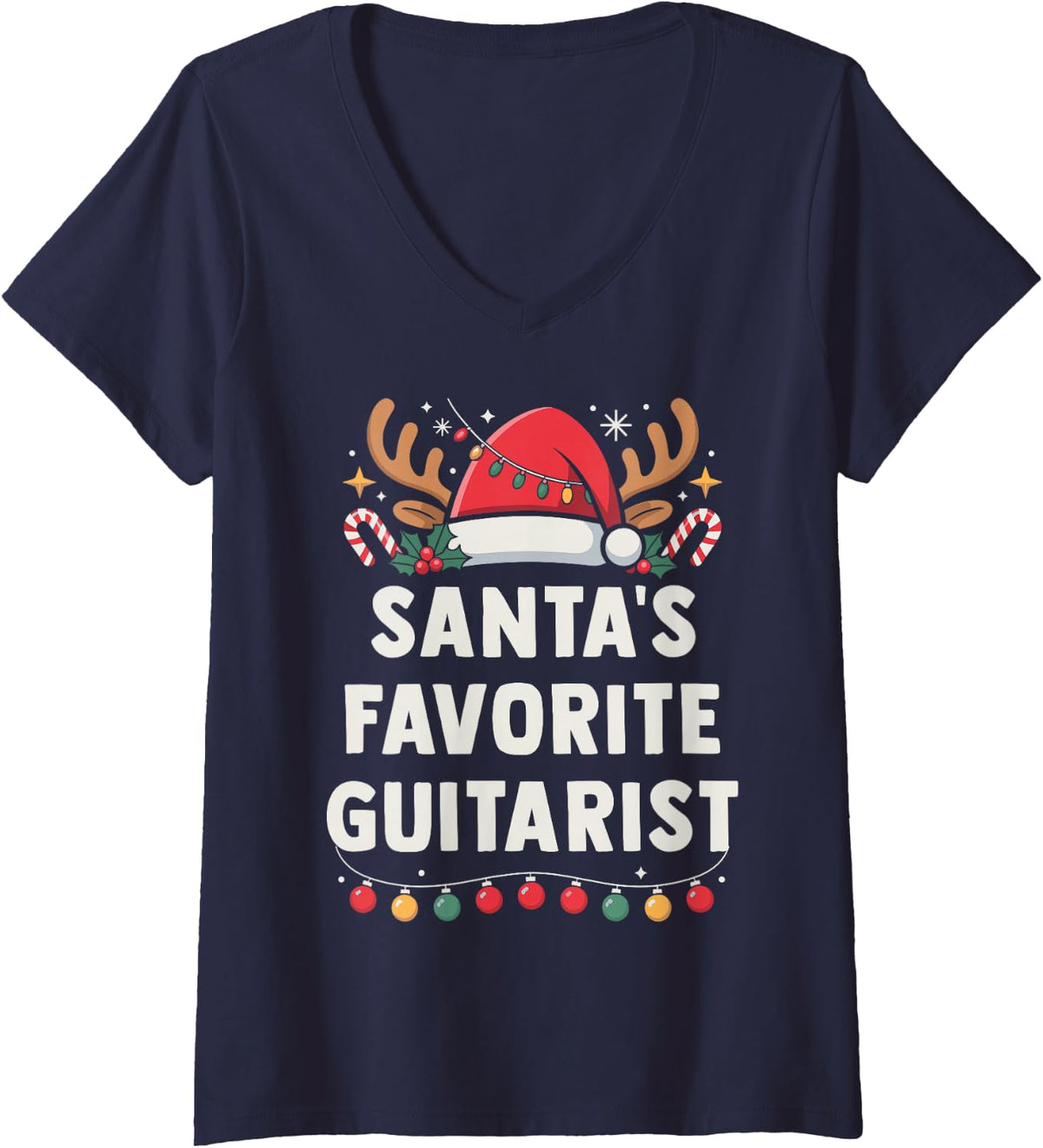 Women's Santa's Favorite Guitarist Christmas Concert Holiday Recital V-Neck T-Shirt - Navy Blue