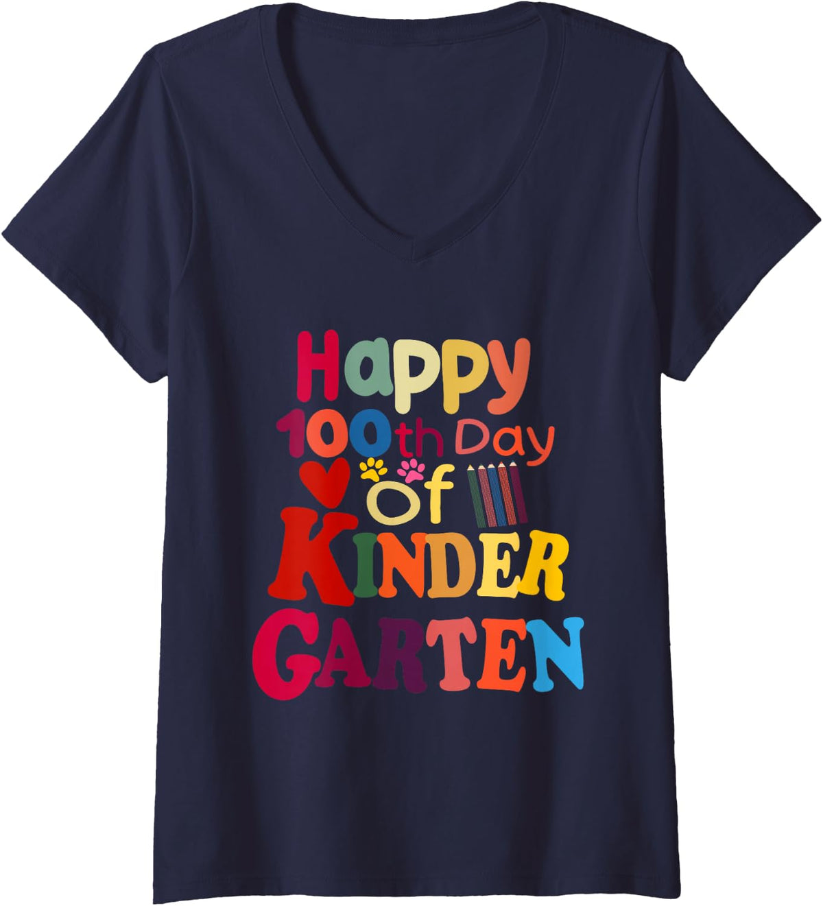Women's Happy 100th Day of Kindergarten for Student or Teacher V-Neck T-Shirt - Navy Blue