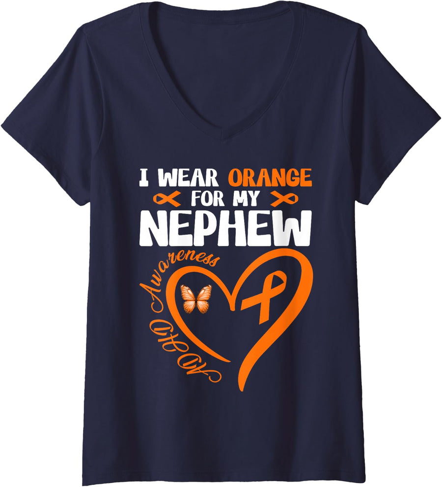 Women's I Wear Orange for My Nephew ADHD Awareness Family Support V-Neck T-Shirt - Navy Blue