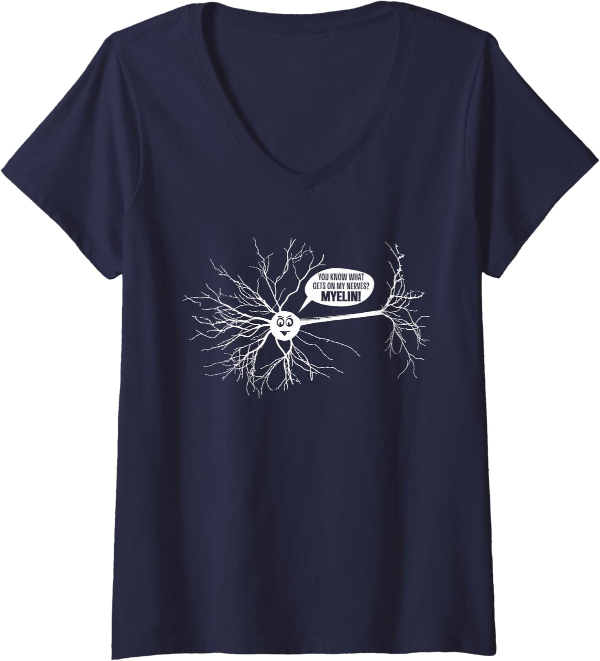 Women's Funny Neurobiology Myelin Neuroscience Teacher Brain Pun V-Neck T-Shirt - Navy Blue