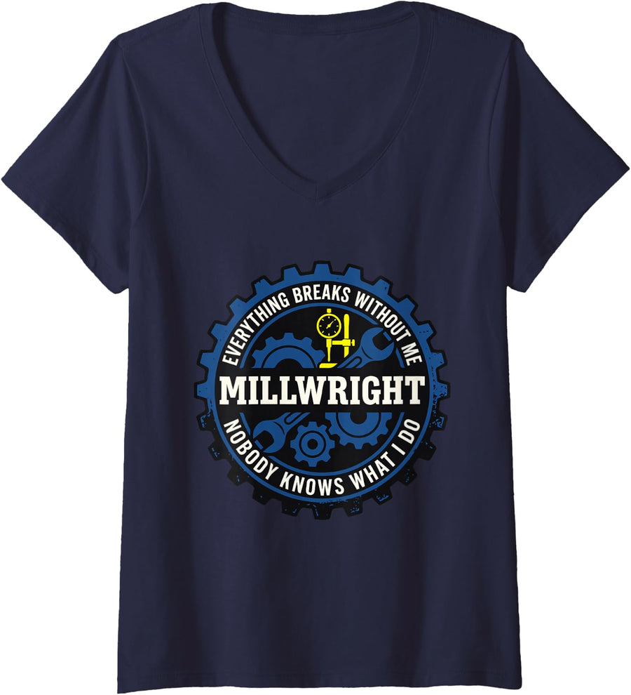 Women's Millwright Gifts Men Industrial Maintenance Funny V-Neck T-Shirt - Navy Blue