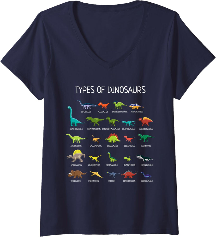 Womens Types Of Dinosaurs Cute Dinosaur V-Neck T-Shirt - Navy Blue