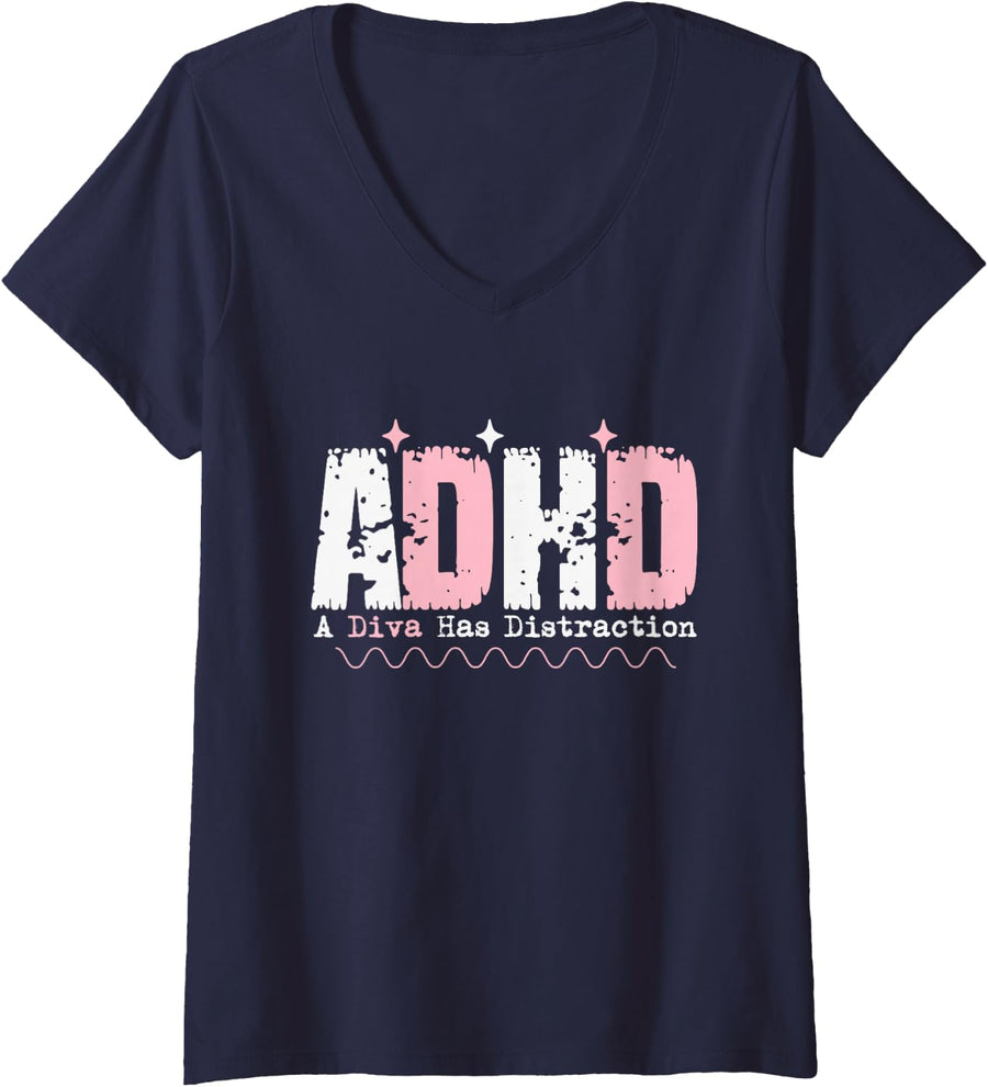 Women's ADHD A Diva Has Disctraction ADHD Awareness V-Neck T-Shirt - Navy Blue