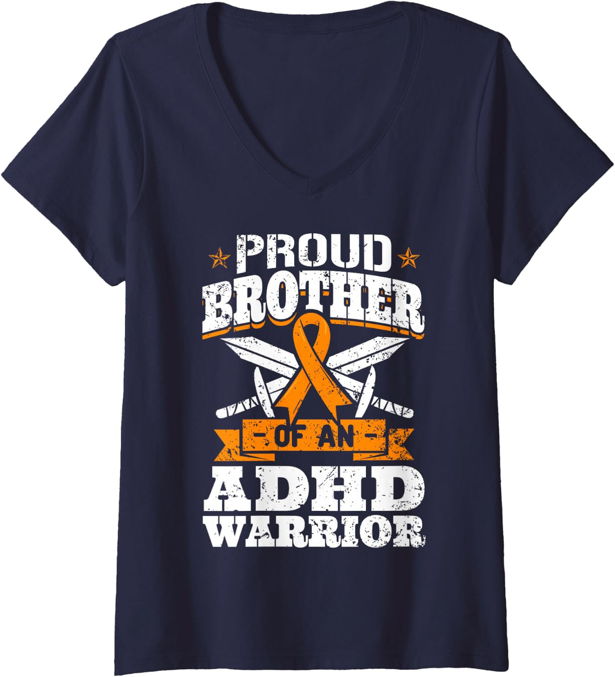 Women's Proud Brother of an ADHD Warrior Attention Deficit Awareness V-Neck T-Shirt - Navy Blue
