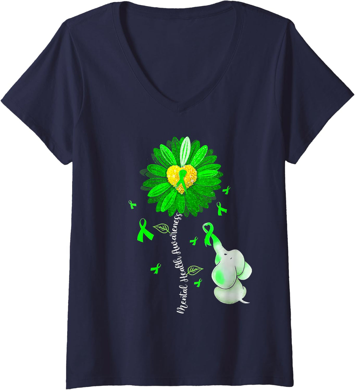 Womens Mental Health Awareness Cute Elephant Green Ribbon Sunflower V-Neck T-Shirt - Navy Blue