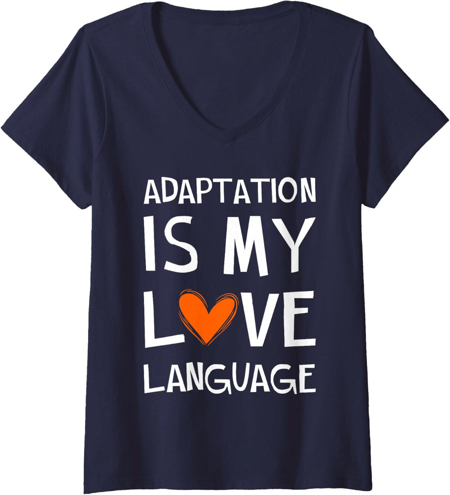 Women's Adaptation is My Language ADHD Awareness Month Orange Ribbon V-Neck T-Shirt - Navy Blue