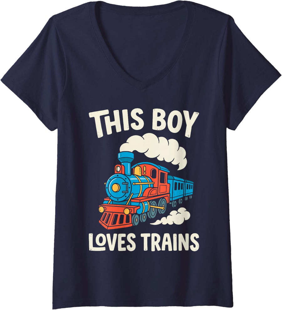 Women's This Boy Loves Trains Lover Kid Railroad Railway Funny Tee V-Neck T-Shirt - Navy Blue