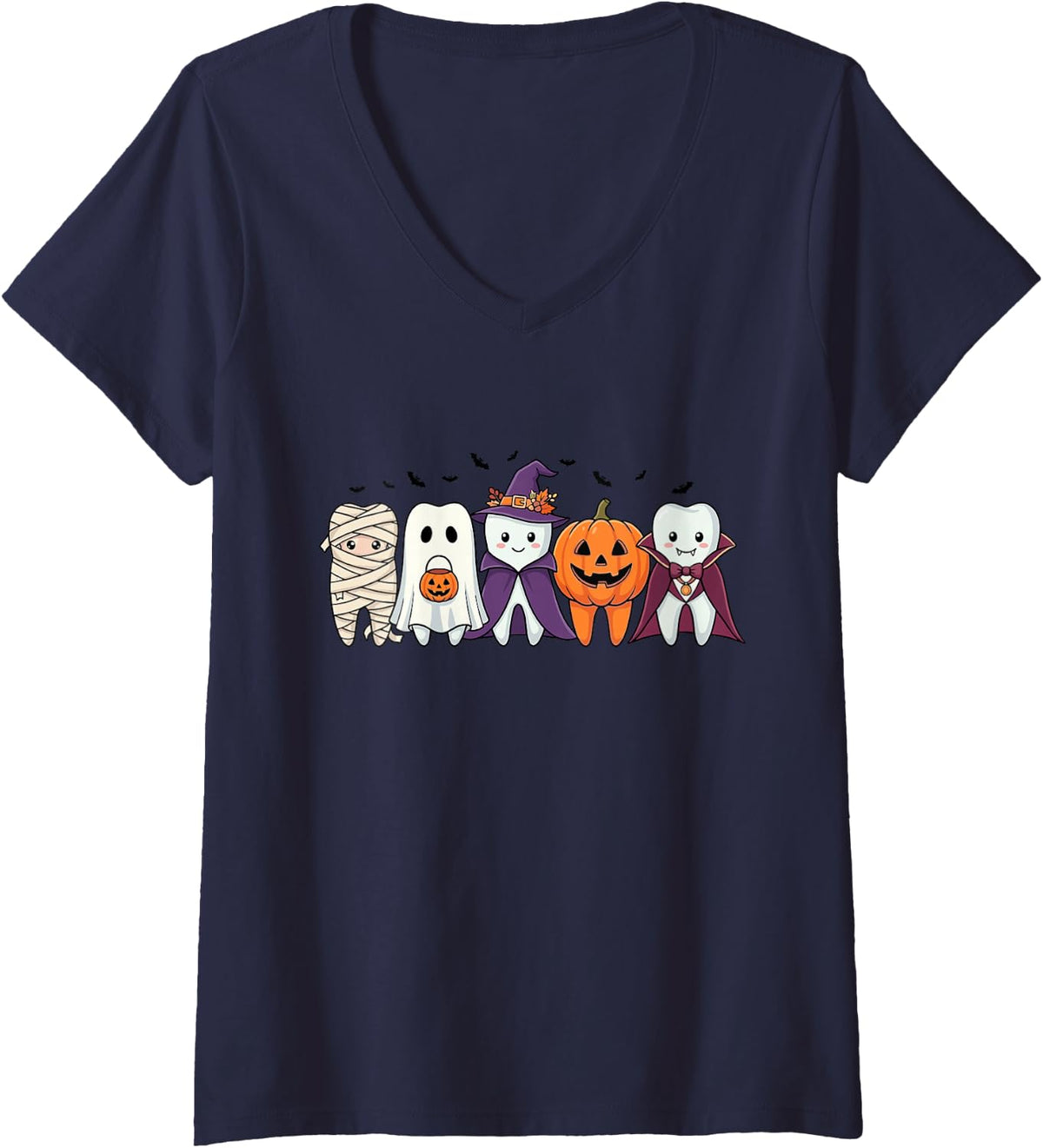 Women's Halloween Dental Dentist Teeth Ghost Mummy Witch Vampire V-Neck T-Shirt - Navy Blue