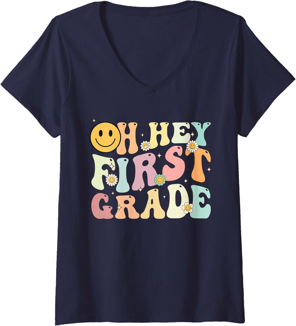 Women's Oh Hey 1st First Grade Back to School for Teachers Groovy V-Neck T-Shirt - Navy Blue