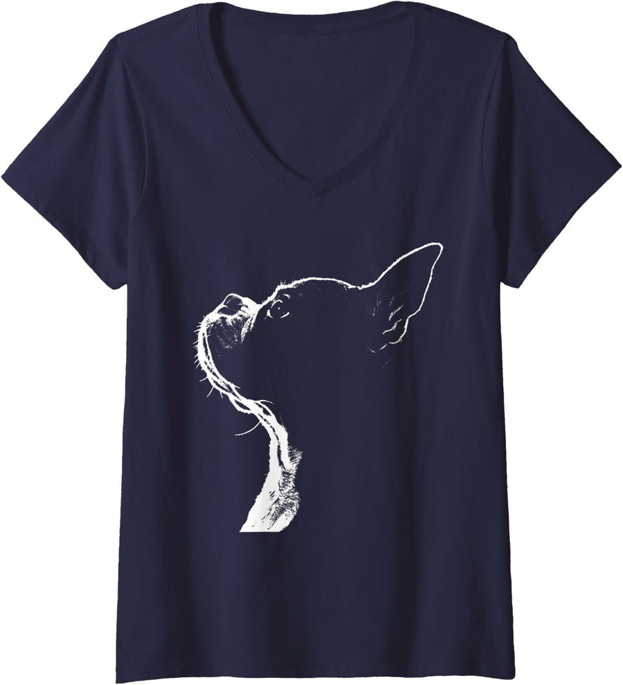 Women's Minimalist Boston Terrier Dog Sketch Artistic Pet Lover V-Neck T-Shirt - Navy Blue