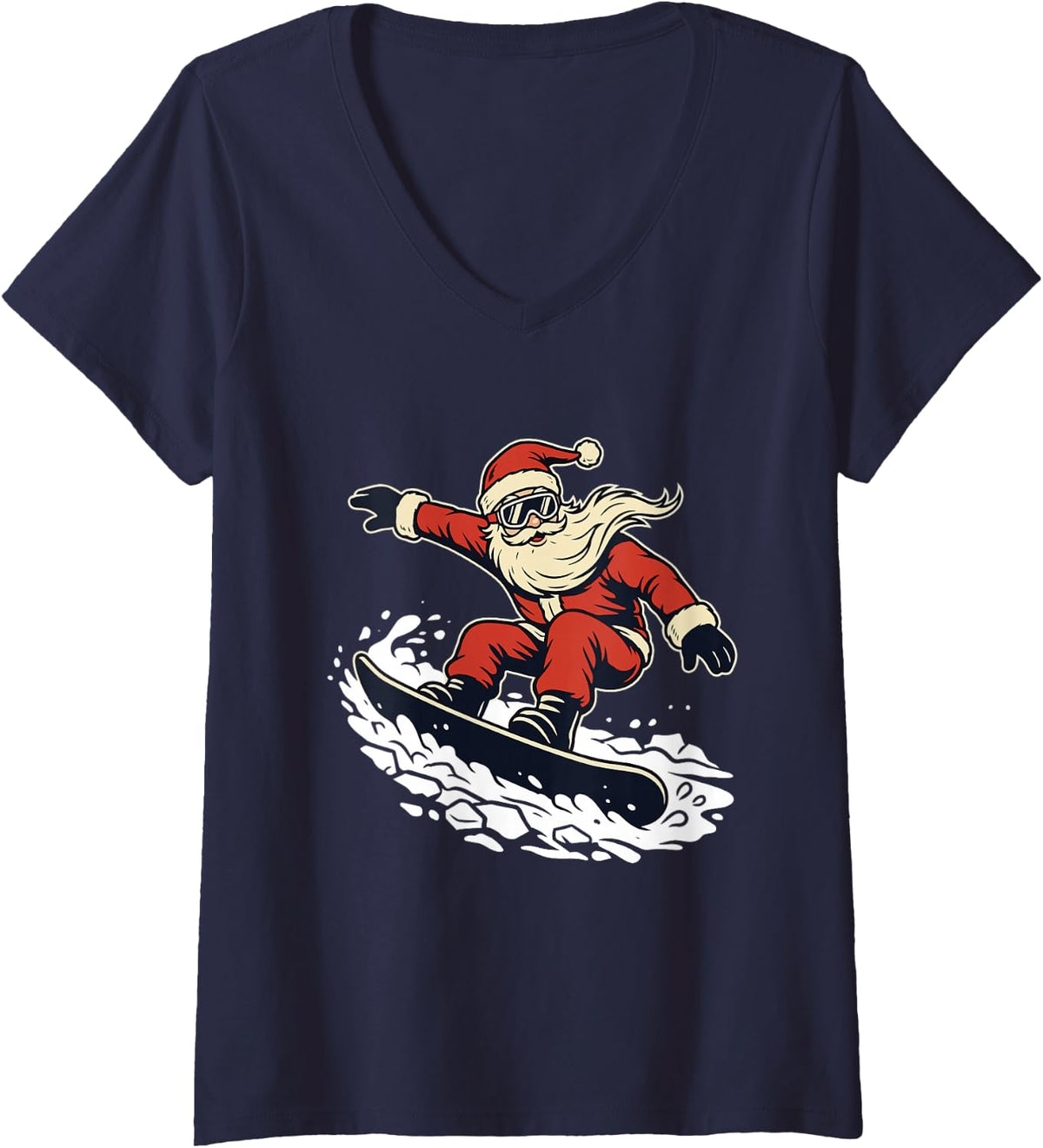 Women's Santa Snowboarding - Snowboarder Snowboar Lover V-Neck T-Shirt - Navy Blue