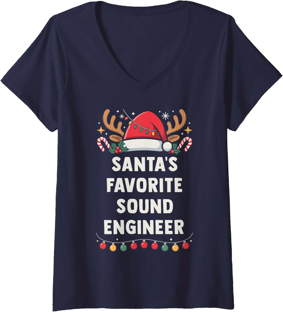 Women's Santa's Favorite Sound Engineer Christmas Concert Crew V-Neck T-Shirt - Navy Blue