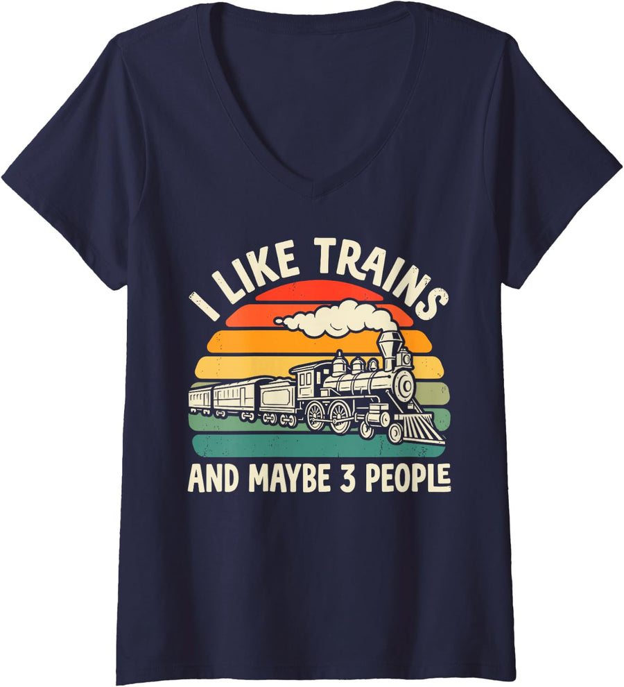Women's I Like Trains and Maybe 3 People Tee Railroad Train Railway V-Neck T-Shirt - Navy Blue