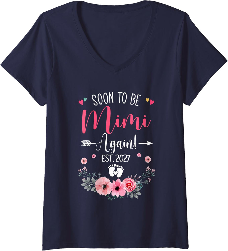 Women's Soon to Be Mimi Again Est 2027 Mothers Day V-Neck T-Shirt - Navy Blue