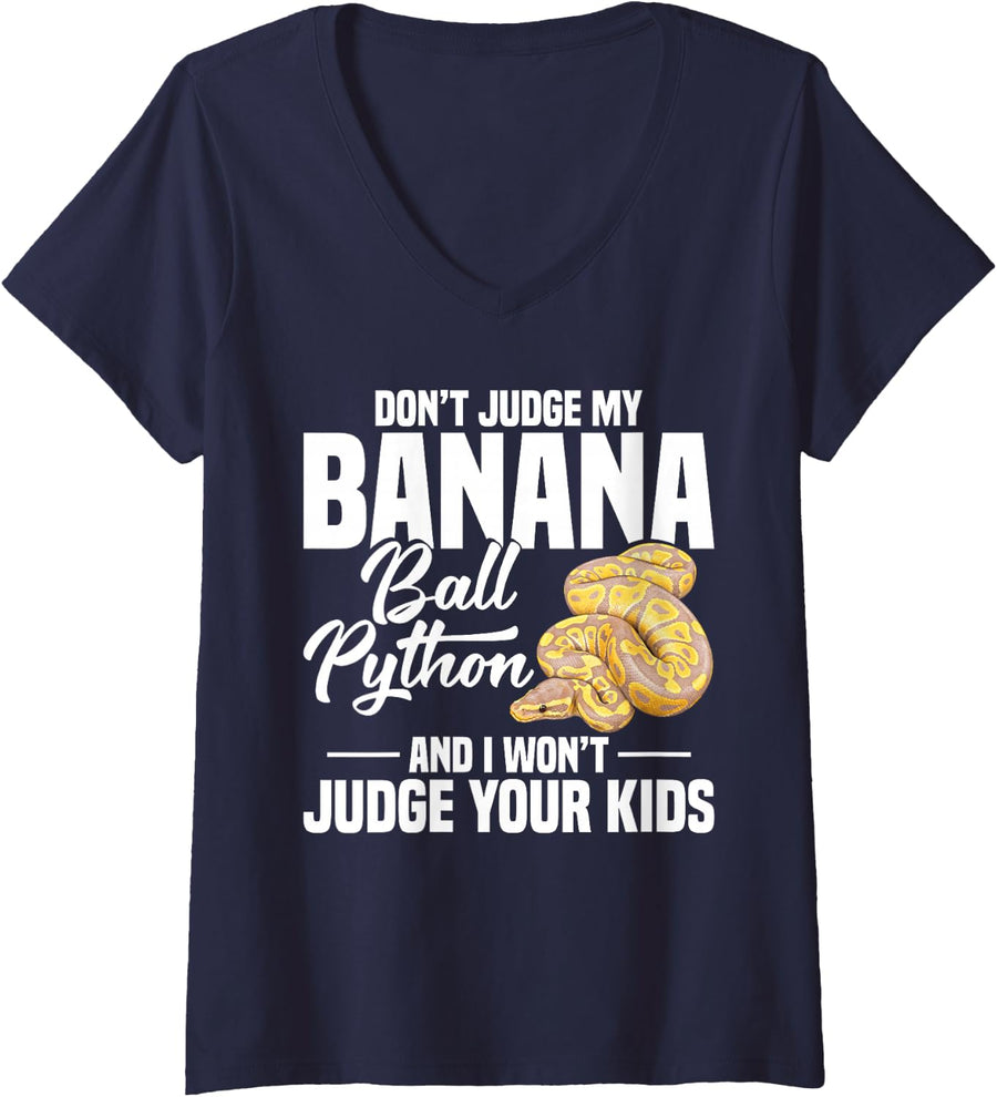 Women's Ball Python Lover Snake Enthusiast Judge Banana Ball Python V-Neck T-Shirt - Navy Blue