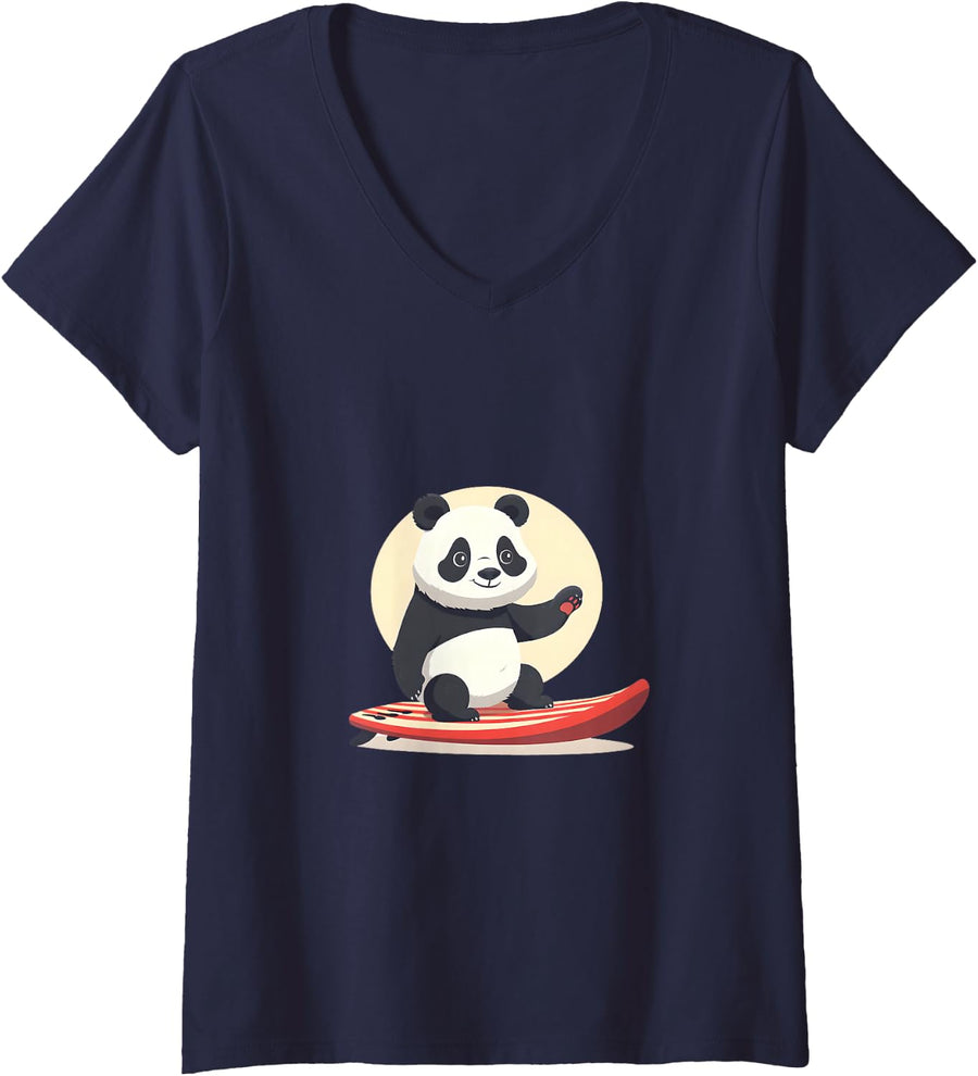 Women's Surf's Up Panda Style Fun California Vibes Apparel V-Neck T-Shirt - Navy Blue