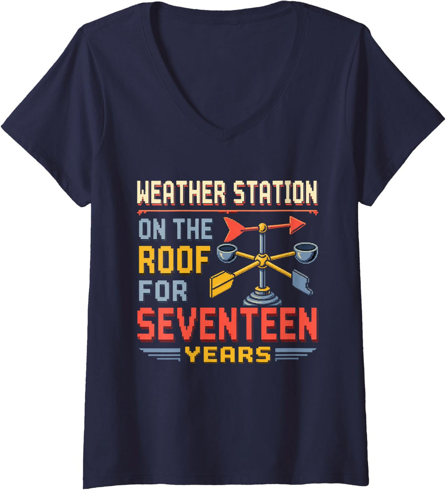 Women's Weather Station On The Roof for Seventeen Years Science V-Neck T-Shirt - Navy Blue