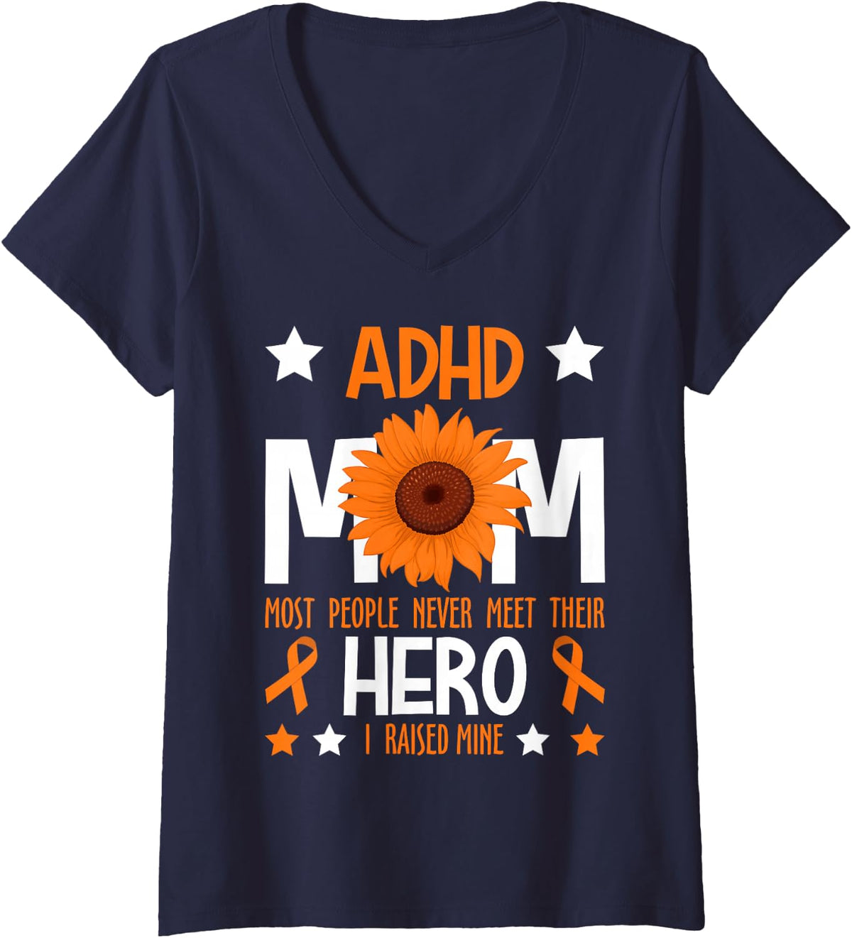 Women's ADHD Mom ADHD Awareness Month Family Support Orange Ribbon V-Neck T-Shirt - Navy Blue