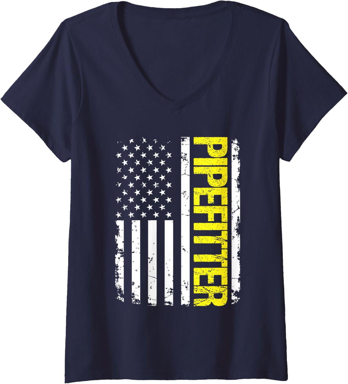Women's Pipefitter USA Flag V-Neck T-Shirt - Navy Blue
