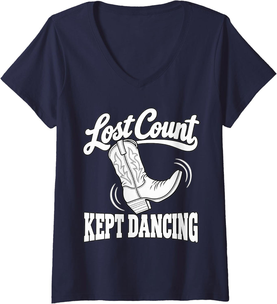Women's Line Dancing Lost Count Kept Dancing Boot Funny Western V-Neck T-Shirt - Navy Blue