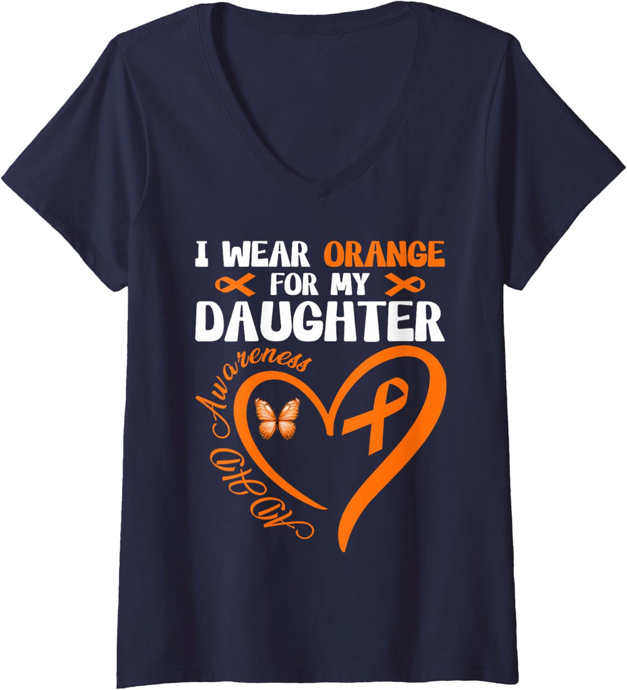 Women's I Wear Orange for My Daughter ADHD Awareness Family Support V-Neck T-Shirt - Navy Blue