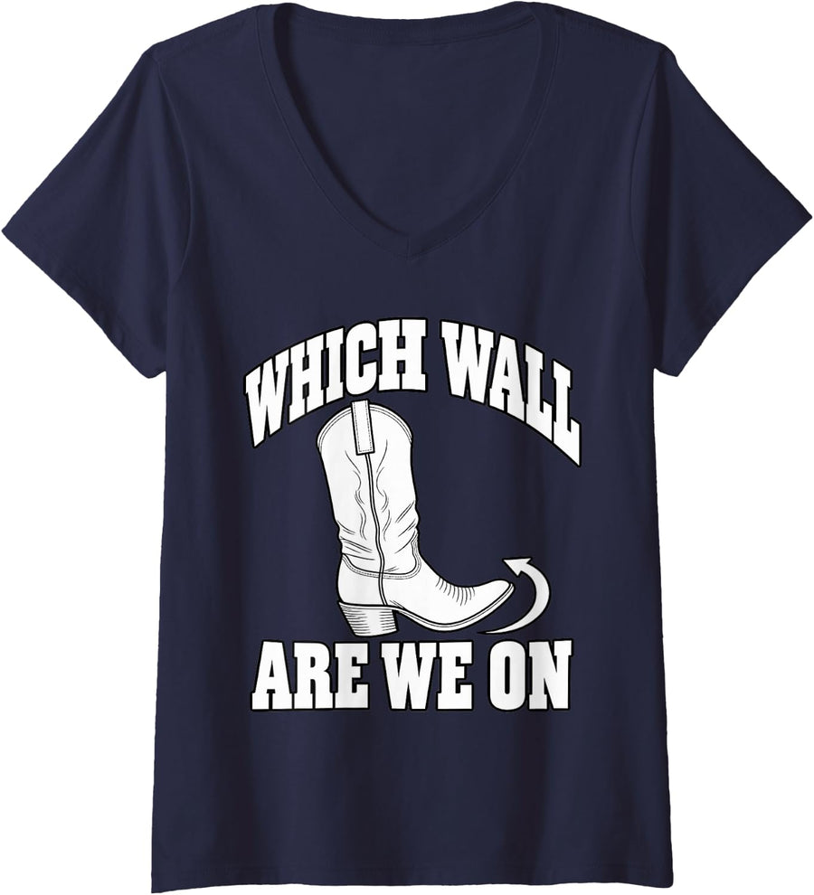 Women's Line Dancing Which Wall are We On Boot Funny Western Dance V-Neck T-Shirt - Navy Blue