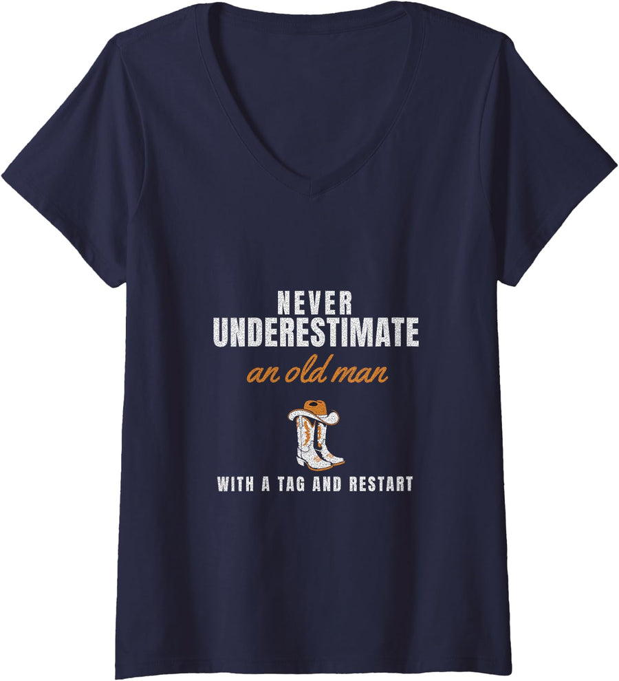 Women's Never Underestimate an Old Man with A Tag and Restart V-Neck T-Shirt - Navy Blue