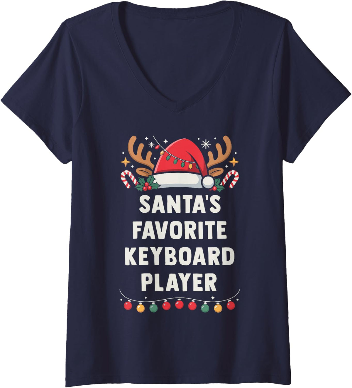 Women's Santa's Favorite Keyboard Player Christmas Concert Crew V-Neck T-Shirt - Navy Blue