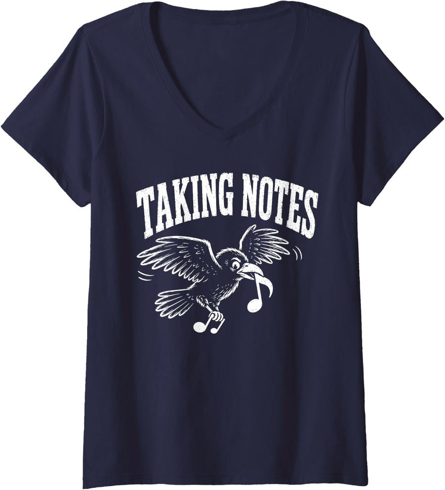Women's Funny Crow Music Art for Men Women Musical Note Teacher Joke V-Neck T-Shirt - Navy Blue