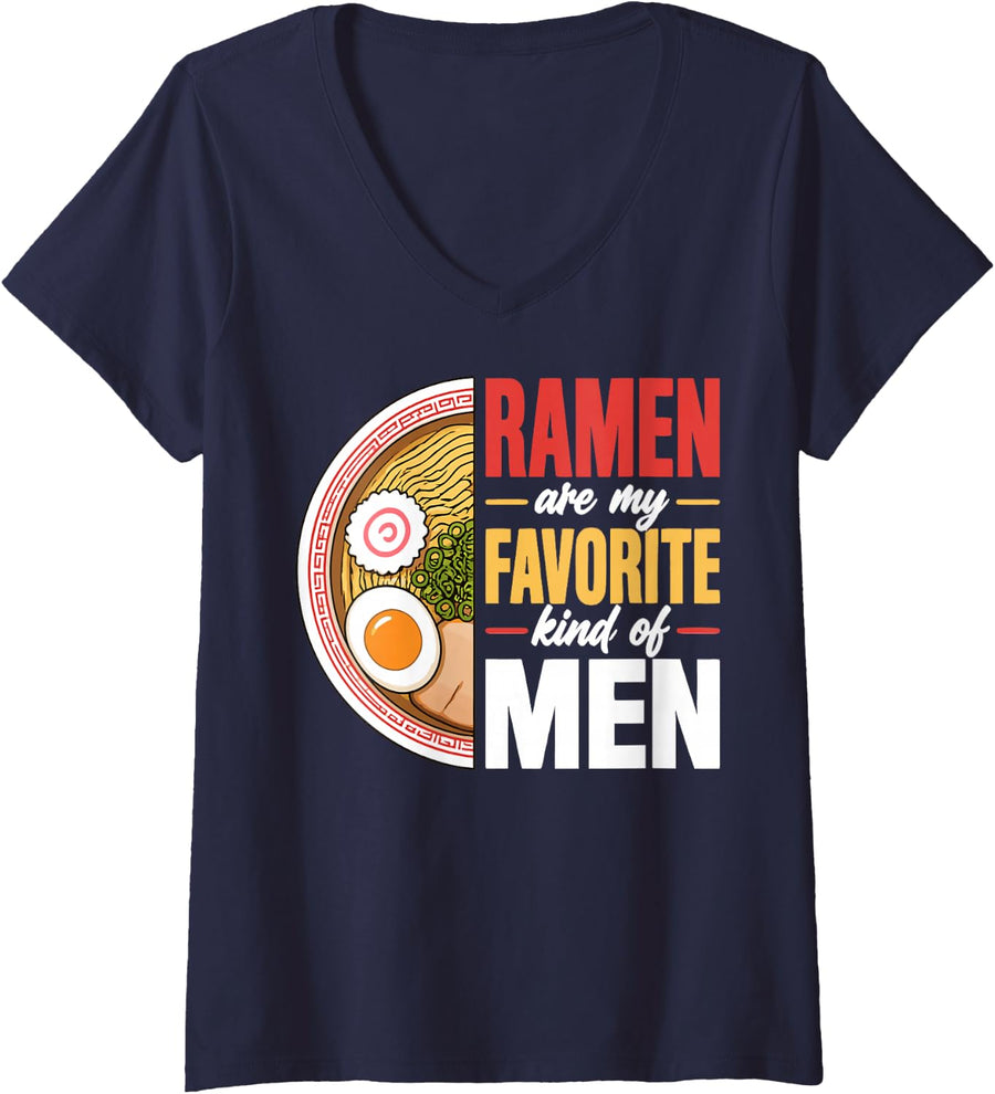 Women's Funny Woman Ramen Lover Japanese Noodles V-Neck T-Shirt - Navy Blue