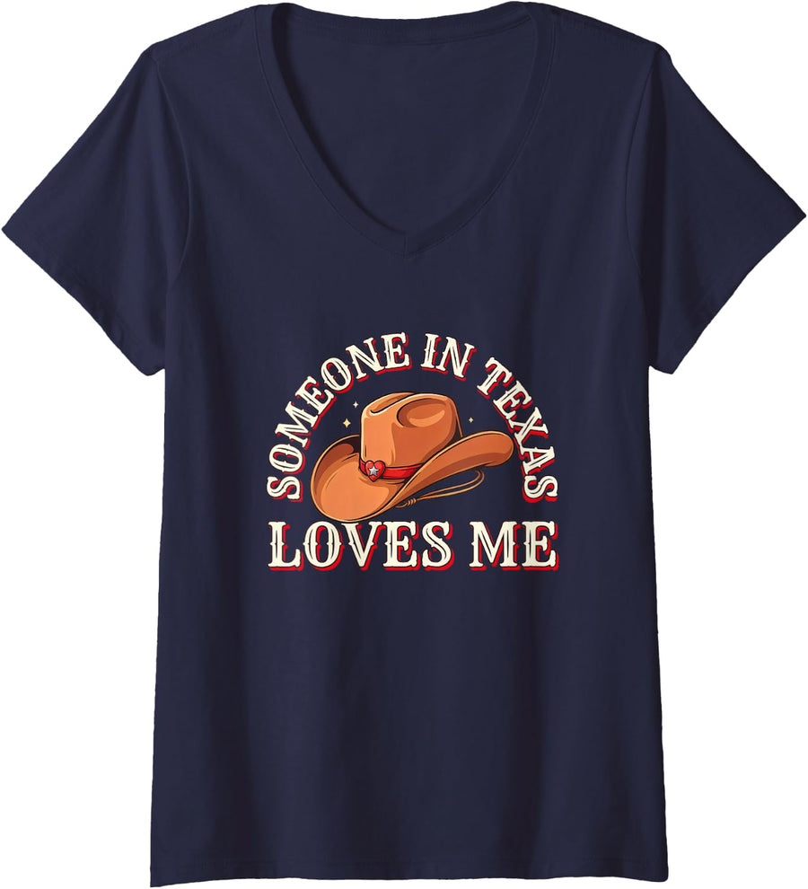 Women's Someone in Texas Loves Me Cowboy Texas Howdy V-Neck T-Shirt - Navy Blue