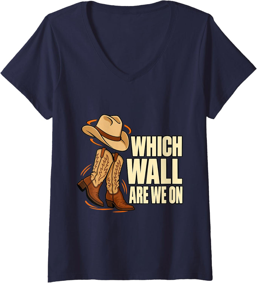 Women's Line Dancing Which Wall are We On Dancer Boots Funny Western V-Neck T-Shirt - Navy Blue