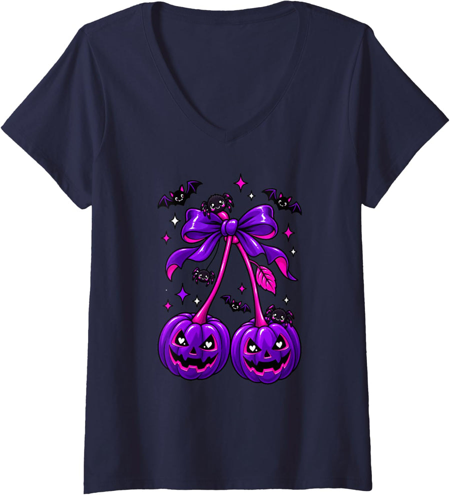 Women's Halloween Pumpkin Cherries Spooky Cute Bow Bats Spider V-Neck T-Shirt - Navy Blue