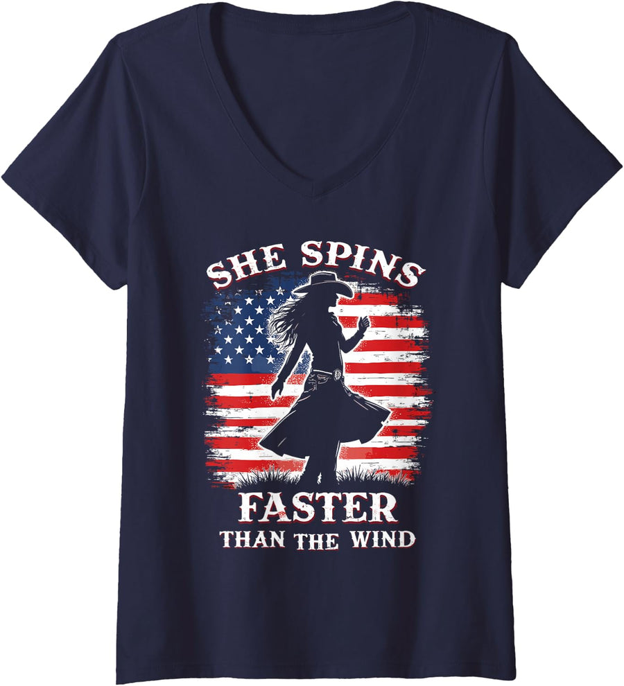 Women's She Spins Faster Than The Wind Line Dance V-Neck T-Shirt - Navy Blue