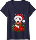 Women's Cute Festive Flowers Santa Hat Bull Terrier Dog Christmas V-Neck T-Shirt - Navy Blue