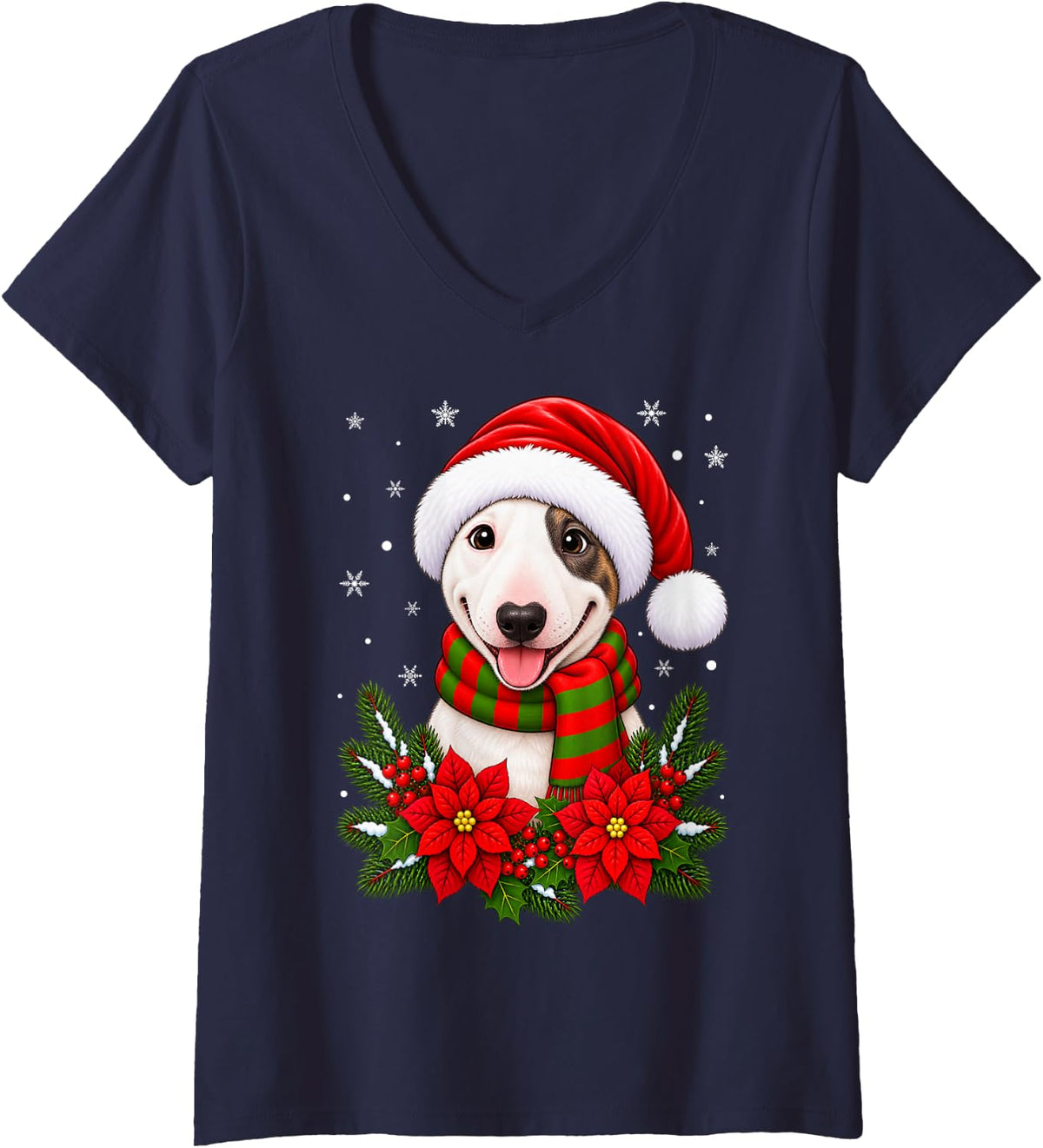 Women's Cute Festive Flowers Santa Hat Bull Terrier Dog Christmas V-Neck T-Shirt - Navy Blue