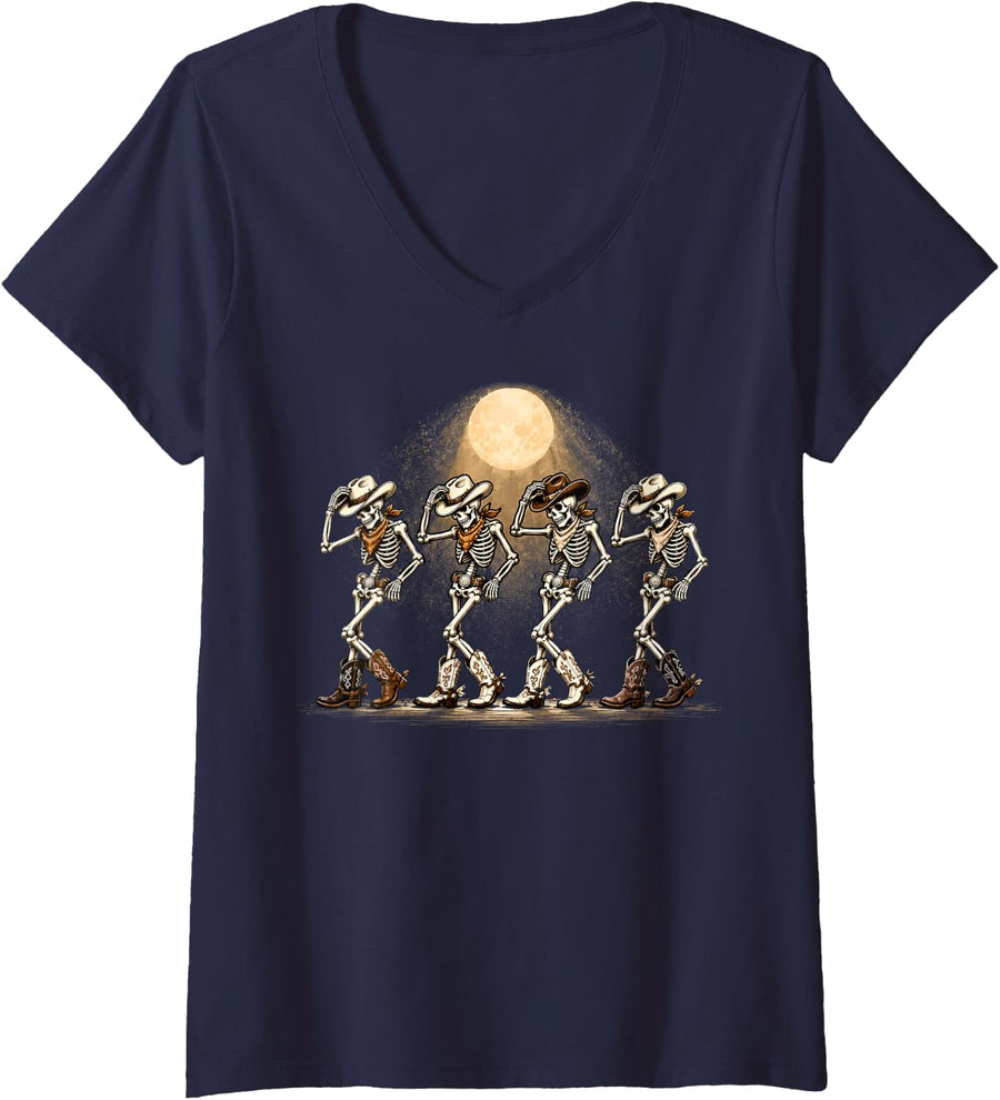 Women's Dancing Skeleton Cowboy Mens Western Country Rodeo Halloween V-Neck T-Shirt - Navy Blue