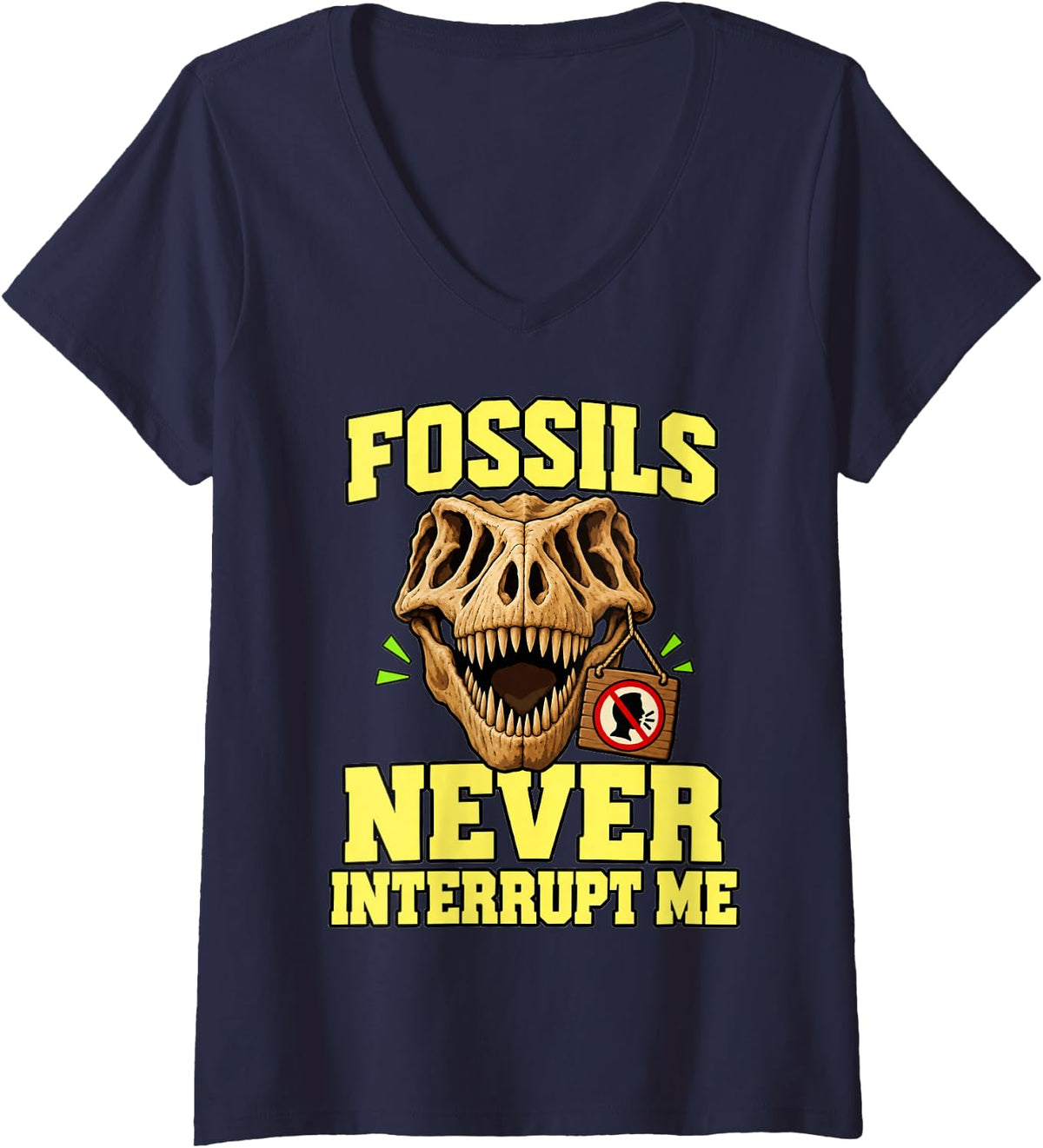 Women's Paleontology Fossils Never Interrupt Me Skull Fans Funny V-Neck T-Shirt - Navy Blue