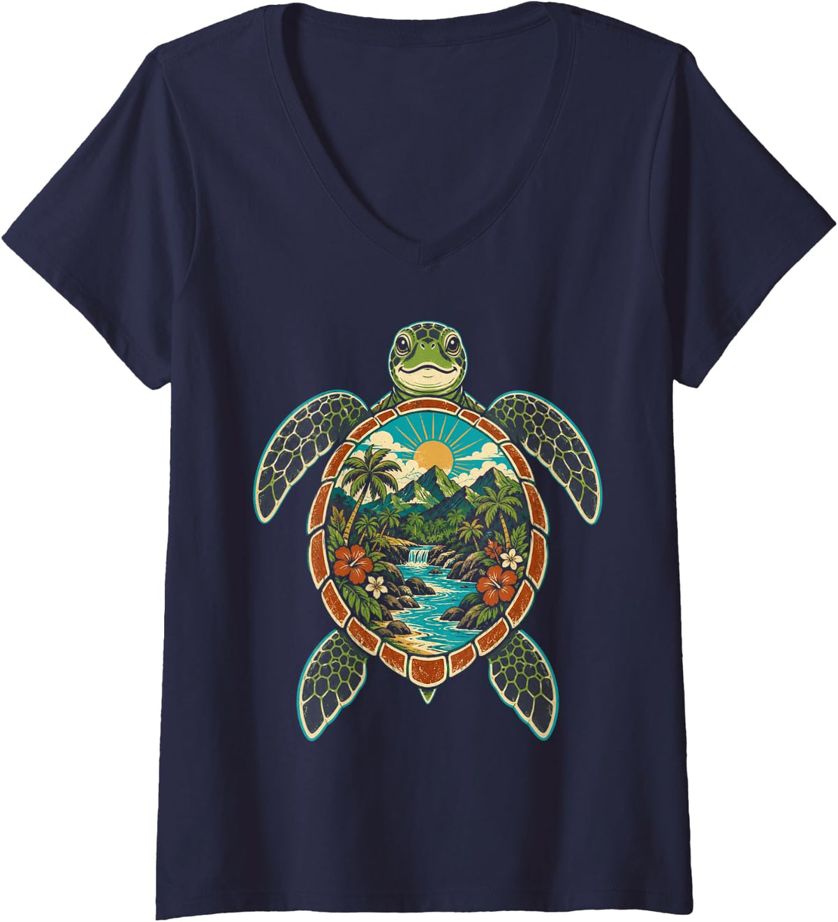 Women's Tortoise Island Shell Wildlife Art for Island Nature Fans V-Neck T-Shirt - Navy Blue