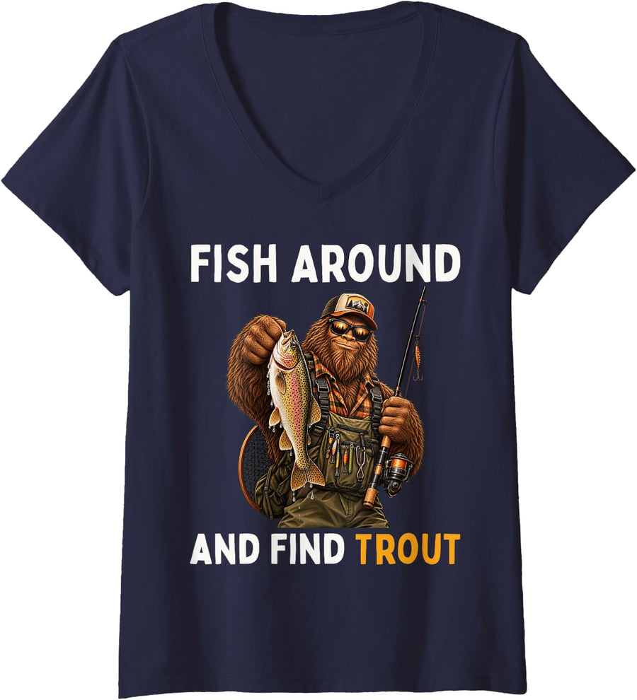 Women's Fish Around Find Trout Bigfoot Fisherman Fishing Sasquatch V-Neck T-Shirt - Navy Blue