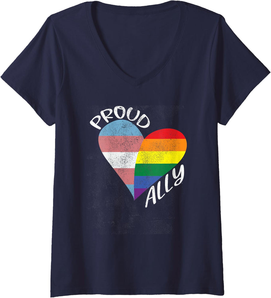 Women's Proud Ally LGBT Heart Gay Pride Month V-Neck T-Shirt - Navy Blue