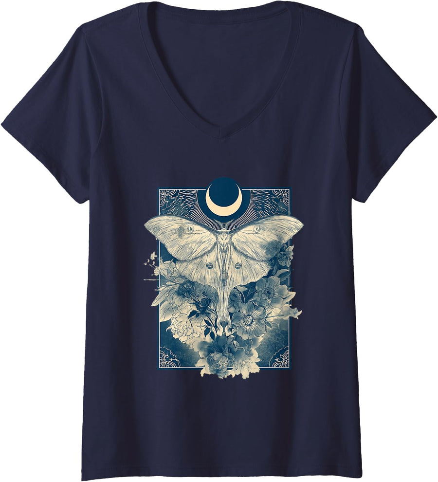 Women's Luna Moth Art Witchy Nature Crescent Moon Floral V-Neck T-Shirt - Navy Blue