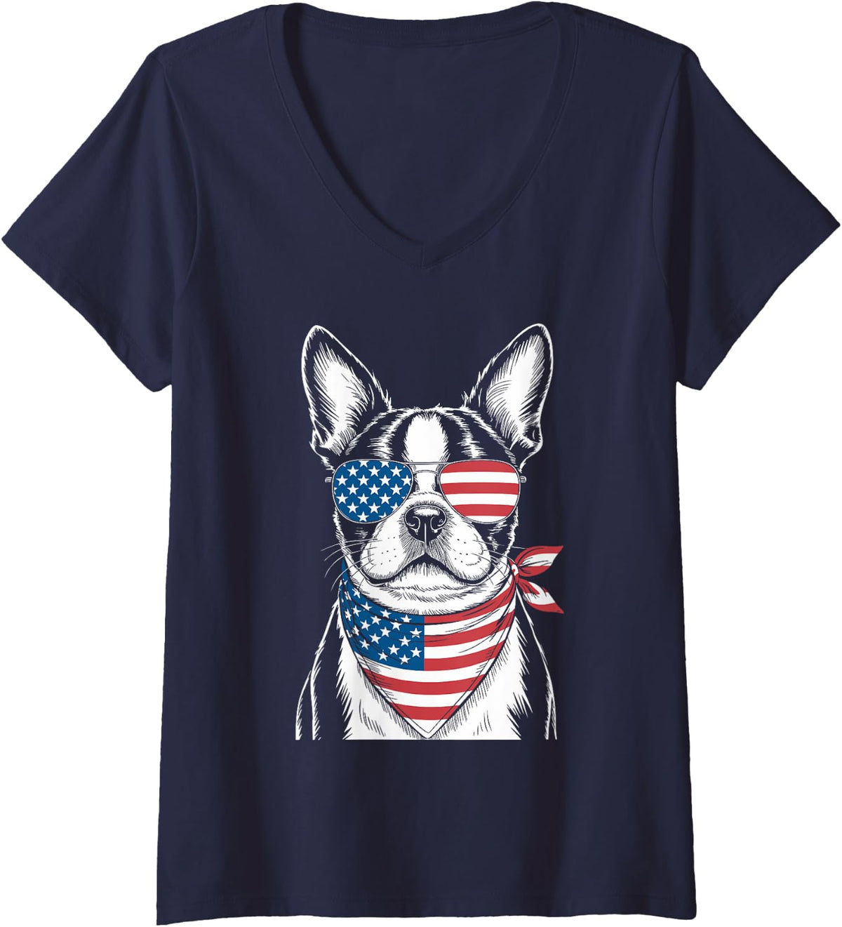 Womens Boston Terrier USA Flag Sunglasses Patriotic 4th of July V-Neck T-Shirt - Navy Blue