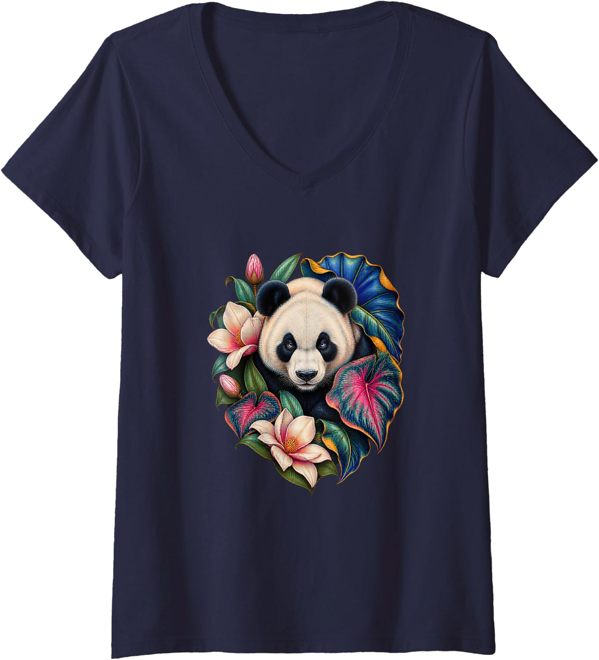 Women's Panda Magnolia Botanical Round Eared Animal Illustration V-Neck T-Shirt - Navy Blue