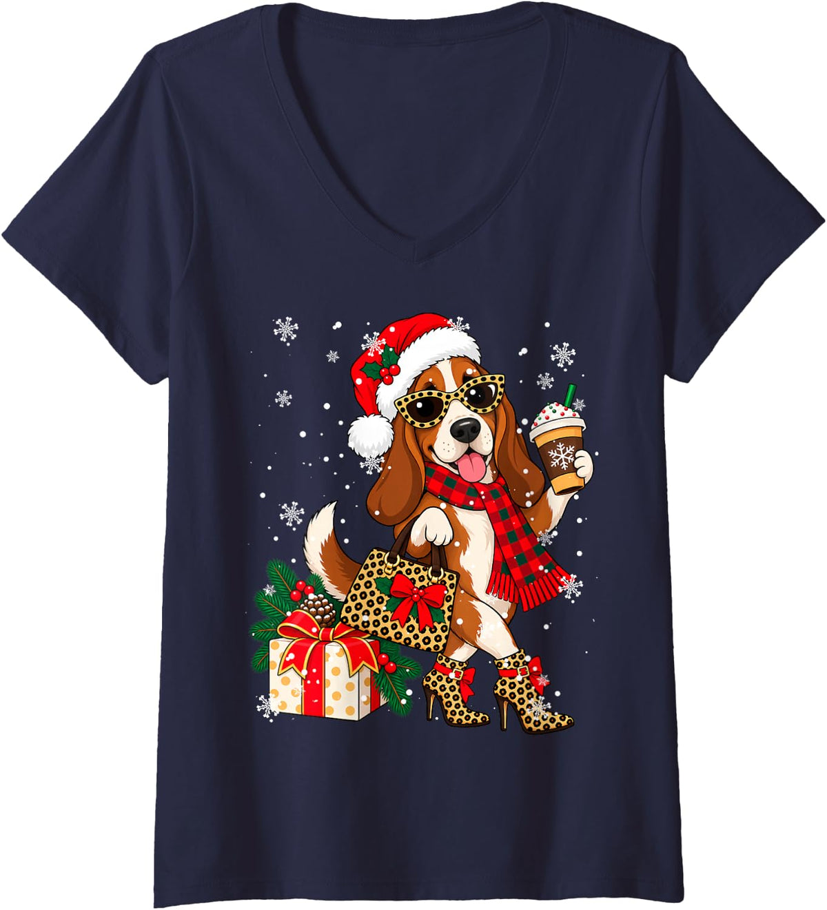 Women's Leopard Basset Hound Dog Drinking Coffee Christmas Xmas V-Neck T-Shirt - Navy Blue