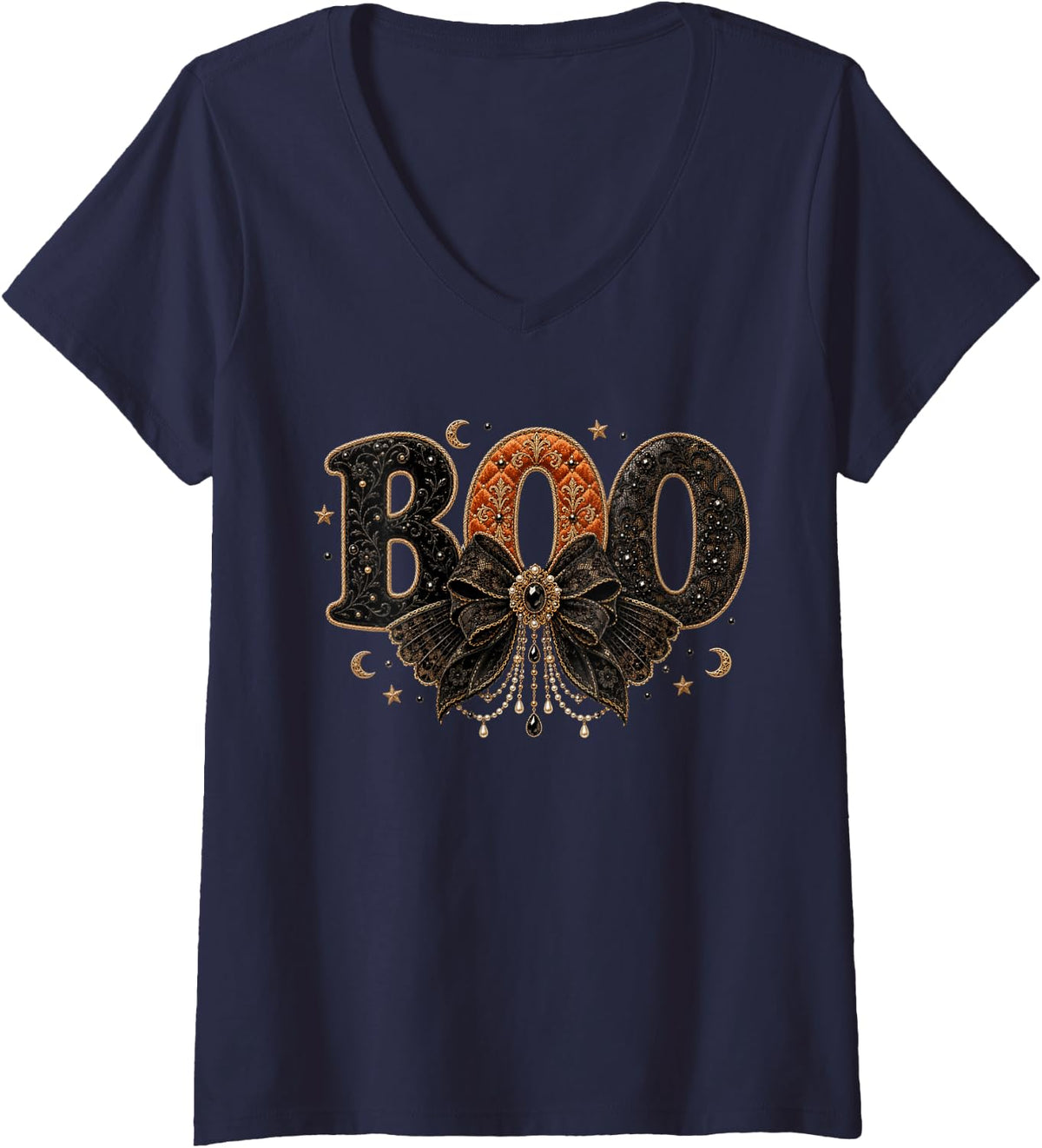 Women's Girls Spooky Season Gothic Black Bow Boo Halloween V-Neck T-Shirt - Navy Blue