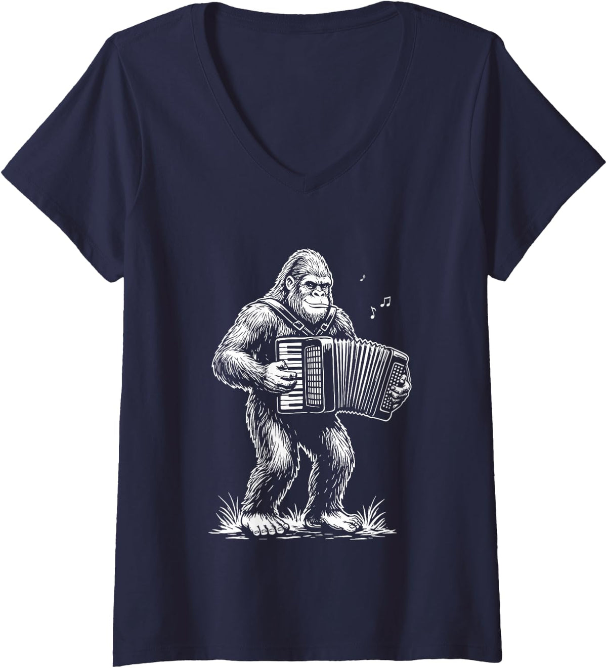 Women's Sasquatch Accordion Teacher Bigfoot Conjunto Cajun Musician V-Neck T-Shirt - Navy Blue