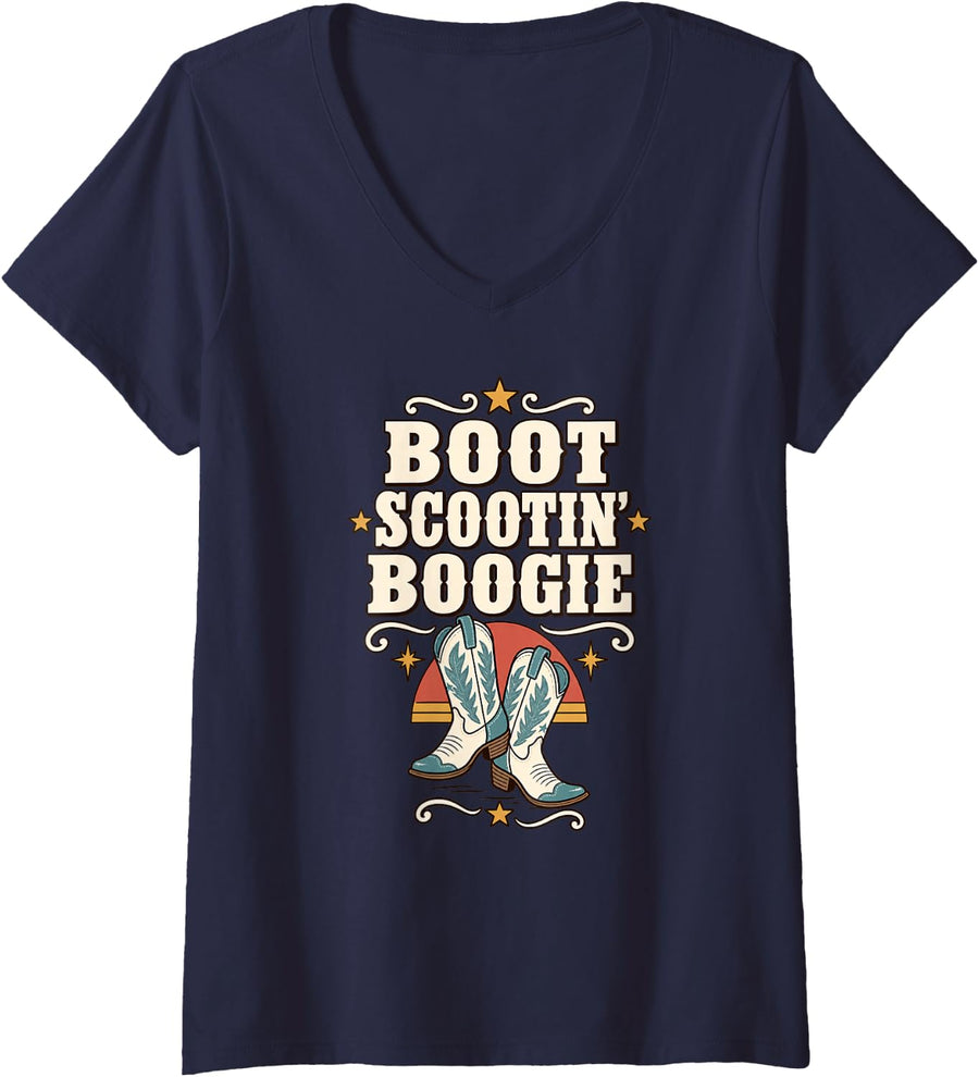 Women's Boot Scootin' Boogie Western Cowboy Boots Line Dancing V-Neck T-Shirt - Navy Blue