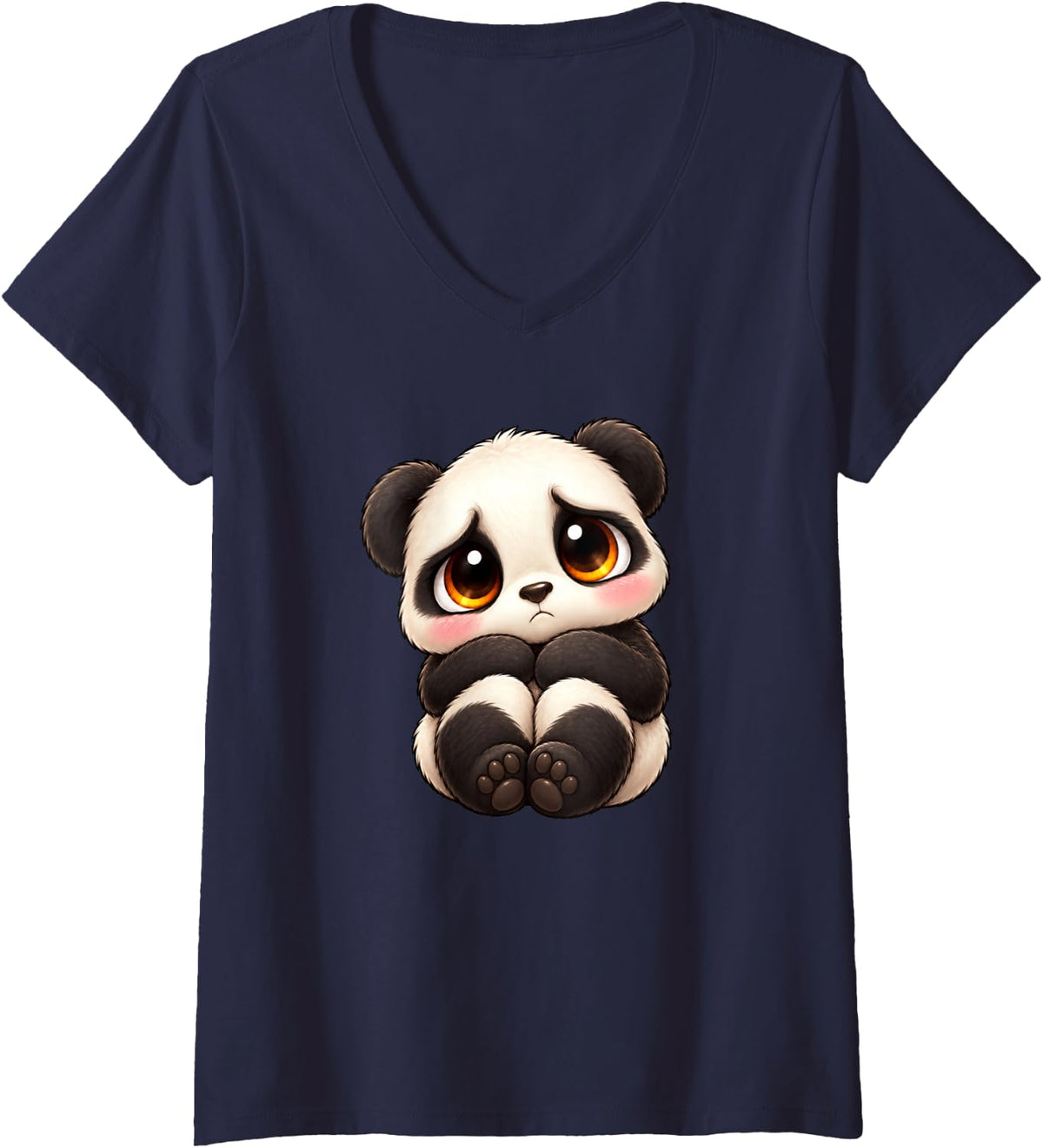 Women's Cute Sad Panda Cartoon Character Illustration V-Neck T-Shirt - Navy Blue